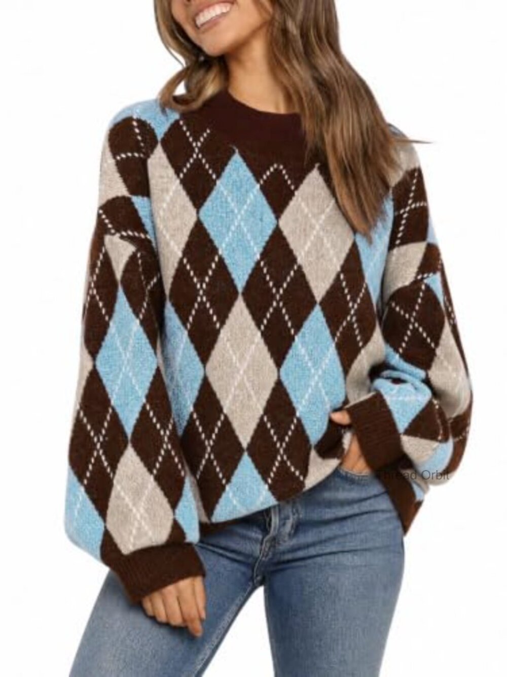 Chunky Knit Argyle Pullover Sweater Women Oversized Crewneck Long Sleeve